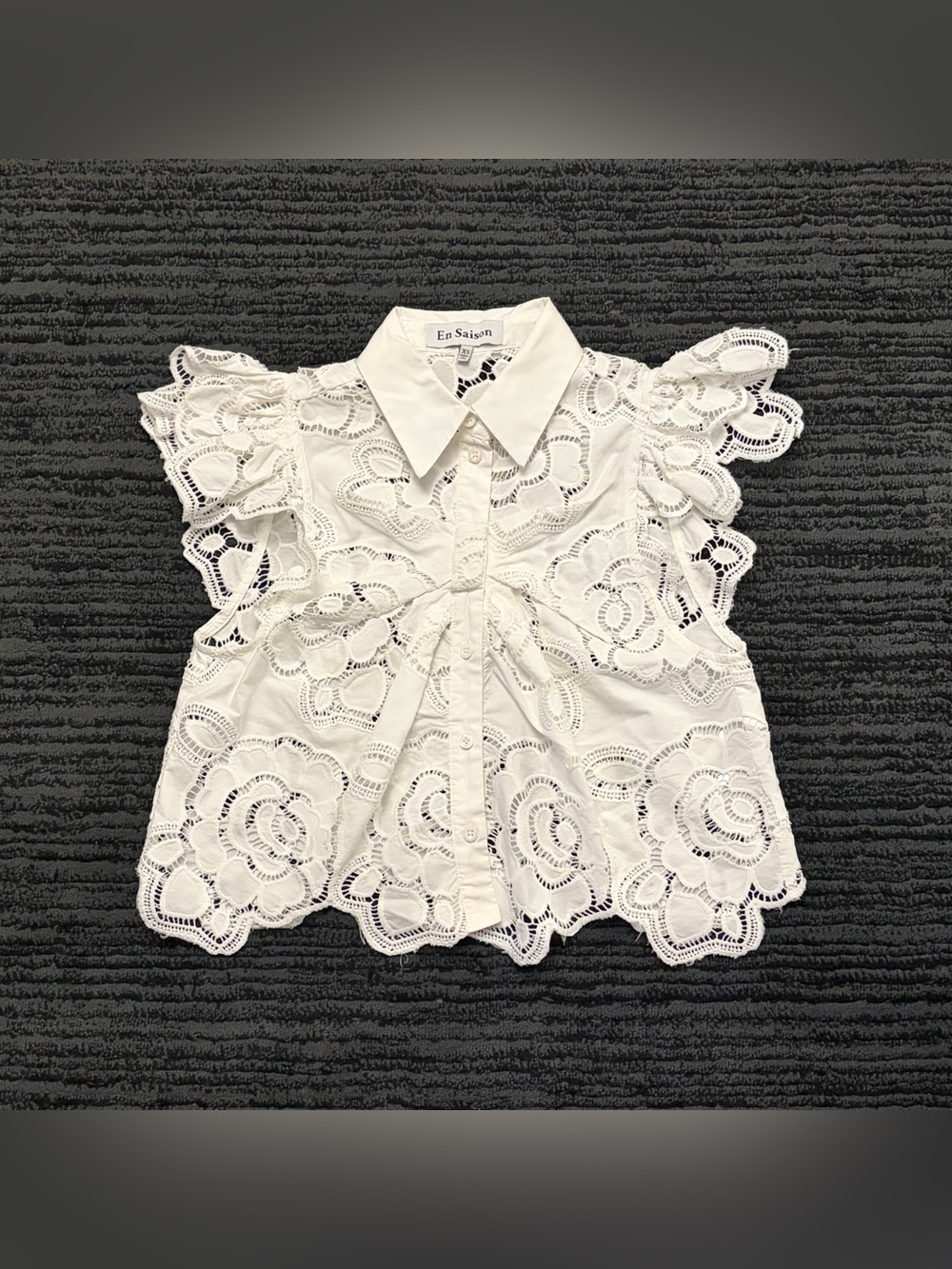 En Saison Chloe Flutter Sleeve Broderie Anglaise Floral Lace Button Up Crop Top